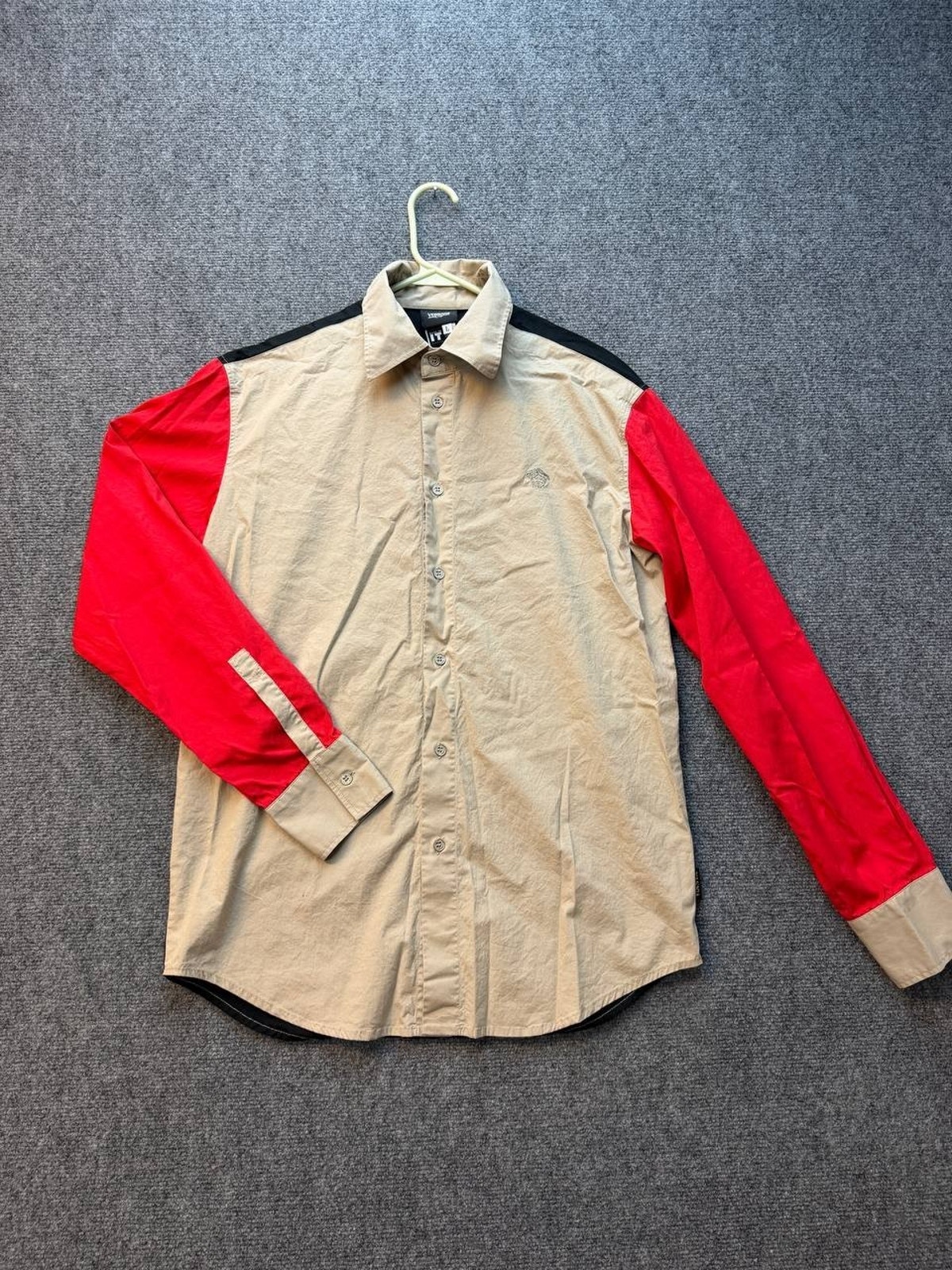 Versace Jeans Couture Shirt Men L Beige Red Black Colorblock Logo